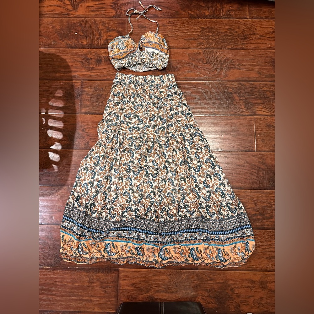 BRAND NEW Bohemian Blue Smocked Tie Front Maxi Skirt Set